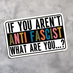 Peut inclure: Un autocollant rectangulaire à bordure blanche avec le texte "IF YOU AREN'T ANTI FASCIST WHAT ARE YOU...?" en noir, blanc et lettres colorées. Les mots "ANTI FASCIST" sont en gras et multicolores.