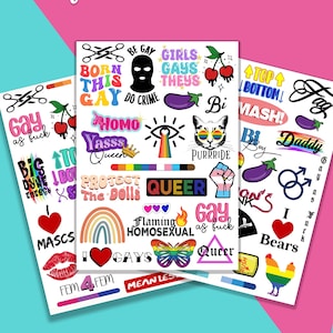 May include: Three sheets of stickers with LGBTQ+ themes. The stickers feature phrases like "Born This Gay," "Queer," and "Gay as Fuck," along with rainbow and butterfly graphics. The text "Set of 3 Sheets" is at the top.
