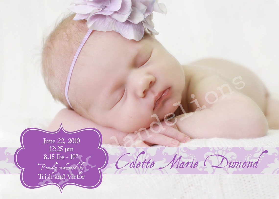 Baby Girl Birth Announcement Purple damask DIGITAL FILE Etsy