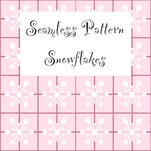Op de afbeelding: Een naadloos patroon met witte sneeuwvlokken op een lichtroze rasterachtergrond. Een centraal wit rechthoekig kader toont de zwarte tekst Seamless Pattern Snowflakes in een decoratief cursief lettertype.