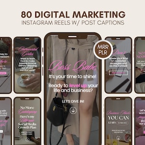 80 bobines de marketing numérique, bobines de médias sociaux, bobines Instagram sans visage avec légendes, vidéos de marketing numérique, modèles Canva, DPP MRR