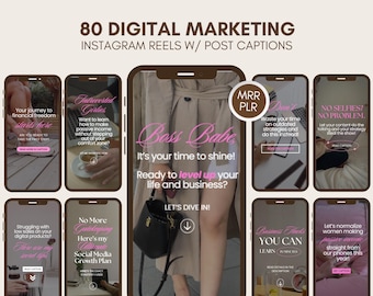 80 Digital Marketing Reels, Social Media Reels, Faceless Instagram Reels with Captions, Digital Marketing Videos, Canva Templates, PLR MRR