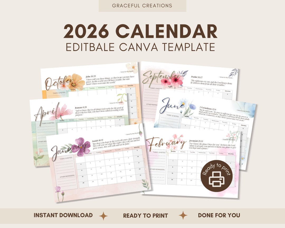 2026 Editable Calendar, Printable Calendar, 2026 Calendar, 12 Month ...