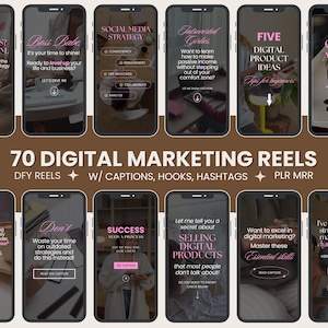 70 reel di marketing digitale, reel per social media, reel Instagram senza volto con didascalie, video di marketing digitale, modelli Canva, PLR MRR