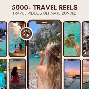 Puede incluir: Imagen promocional con vídeos de viajes mostrados en smartphones. La imagen muestra varias escenas de vacaciones, incluyendo playas y puestas de sol. El texto en la parte superior dice "5000+ TRAVEL REELS TRAVEL VIDEOS ULTIMATE BUNDLE".