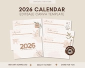 2026 Editable Calendar, Printable Calendar, 12 Month Calendar, Monthly Desk Calendar, Boho Art, Modern Art Calendar Canva Template