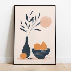 still life art, minimalist wall art, modern decor, fruit and vase, pastel art, kitchen wall decor, contemporary print, digital download