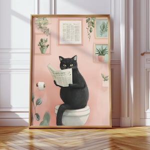 funny cat wall art, cat reading newspaper, humorous wall art, black cat print, digital download, toilet cat art, cute bathroom poster