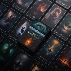 May include: A black box with the text "Tarot of Sacred Kingdoms" on the front. The box is surrounded by black tarot cards with various images and text, including "Nine of Wands", "Two of Wands", "Ace of Pentacles", "Six of Swords", "Knight of Pentacles", "King of Cups", and "Three of Cups".