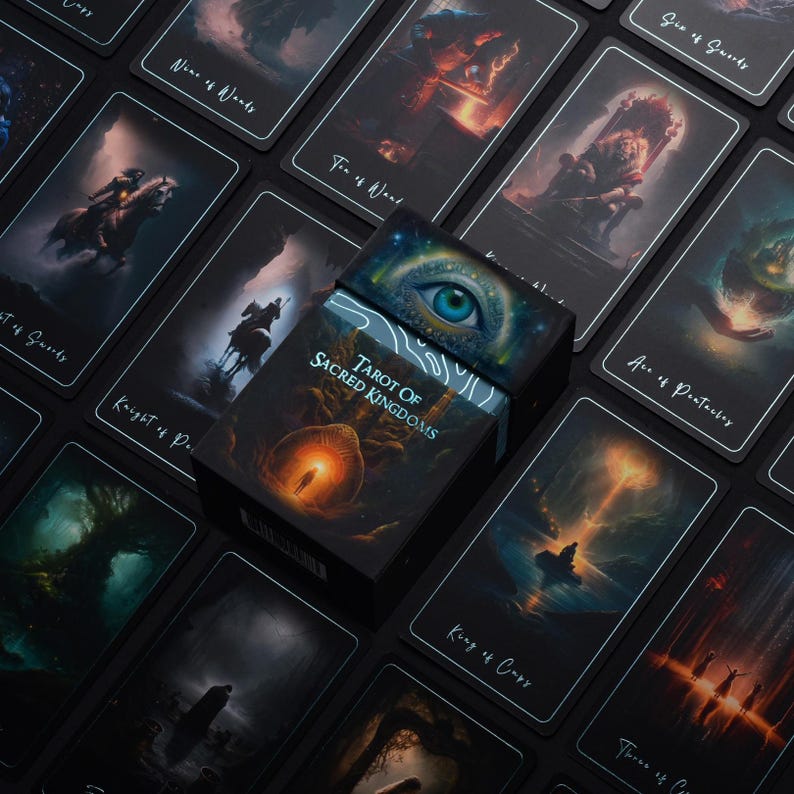 May include: A black box with the text "Tarot of Sacred Kingdoms" on the front. The box is surrounded by black tarot cards with various images and text, including "Nine of Wands", "Two of Wands", "Ace of Pentacles", "Six of Swords", "Knight of Pentacles", "King of Cups", and "Three of Cups".