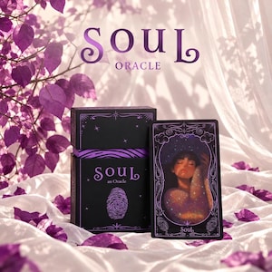 May include: A black oracle card deck box and a single card titled Soul. The box features the text Soul an Oracle and a fingerprint graphic. The card displays an illustration of a person with closed eyes surrounded by stars and cosmic light.