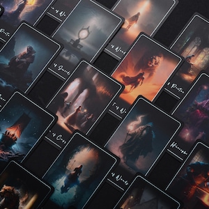 May include: A set of tarot cards with black backgrounds and white text. The cards feature various illustrations, including a wizard, a lion, a castle, and a ship. The cards are numbered 1 through 7 and have suit symbols, such as wands, swords, cups, and pentacles.