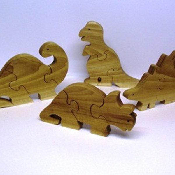 Reserved Listing For - ( pattracy) -Set of 4 Small Dinosaur Wood Shapes, and 1 Large Triceratops  Wood Puzzle handmade with scroll saw,toy,non-toxic child safe finish