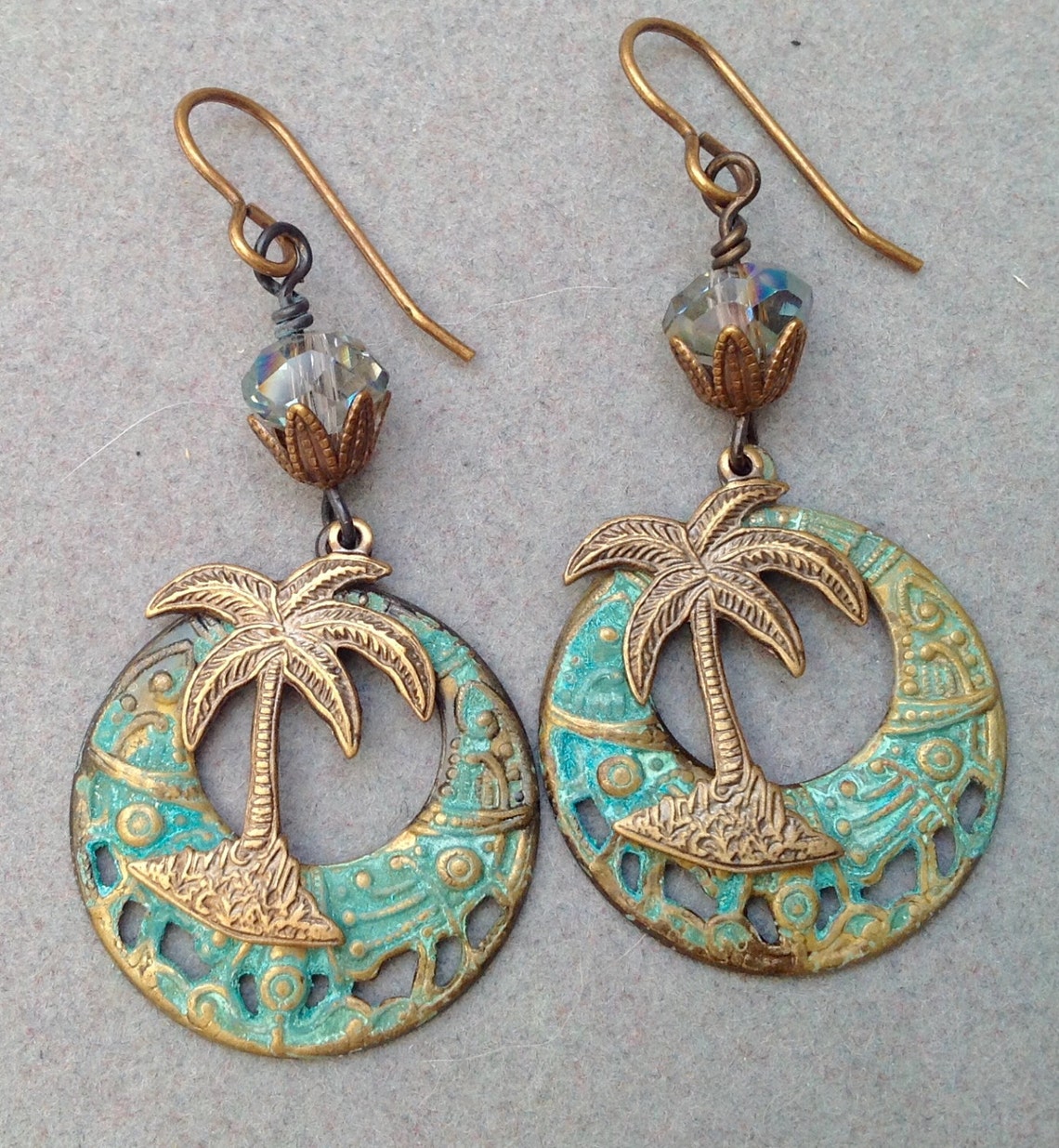 Palm Tree Earrings Oxidized Brass Earrings Green Patina | Etsy