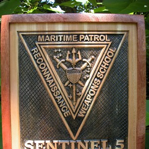 Maritime Patrol Reconnaissaince Weapons School Patch Carved in solid Cherry with Mahogany frame
