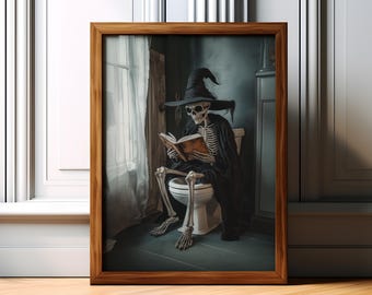 Skeleton Witch Bathroom Print: Funny Gothic Halloween Art (Digital Download)