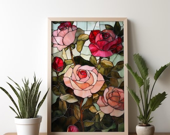 Estampa de rosas em vitral: decoração floral elegante para casa (download digital)