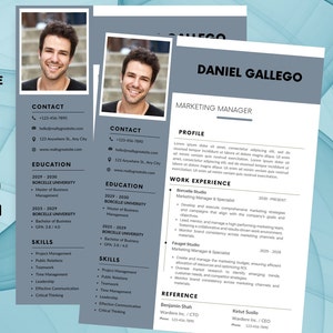 May include: A professional resume template with a photo of a man, contact information, education, skills, and work experience. The resume is for Daniel Gallego, a Marketing Manager.
