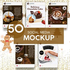 Könnte beinhalten: Eine Sammlung von vier Social-Media-Mockups mit verschiedenen Kaffee- und Dessertartikeln. Die Mockups sind vor einem goldenen Glitzerhintergrund mit einem Lebkuchenmann und einem Weihnachtsbaum platziert. Der Text "50 Social Media Mockup" wird in der Mitte des Bildes angezeigt.
