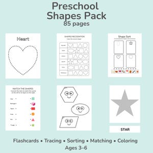 Preschool Shapes Printable Pack - 85 Seiten, Arbeitsblätter zum Nachzeichnen, Sortieren, Sortieren und Ausmalen von Formen | Kindergarten 2D Formen Aktivität