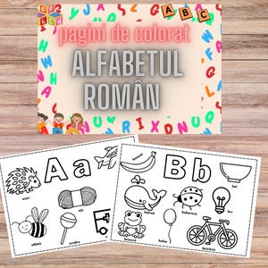 May include: Black and white colouring pages featuring the letters A and B with various objects and words in Romanian. The letters are large and bold, and the objects are simple and easy to colour. The words are written in lowercase letters and are easy to read. The pages are perfect for young children learning the Romanian alphabet.