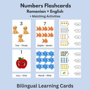 Pode incluir: Flashcards educativos para aprender números em romeno e inglês. Os cartões apresentam ilustrações de filhotes, maçãs e flores, juntamente com atividades de correspondência. O texto nos cartões inclui "Numbers Flashcards" e "Bilingual Learning Cards."