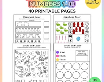 Preschool Counting Worksheets Printable | Count and Color Numbers 1-10 | Kindergarten Math Activities |Homeschool Preschool |Math Worksheets