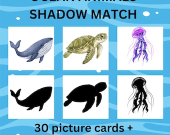 海の動物の影絵マッチングカード（印刷可能） - モンテッソーリ幼児向けマッチングゲーム - 幼稚園児向け視覚識別アクティビティ（PDF）