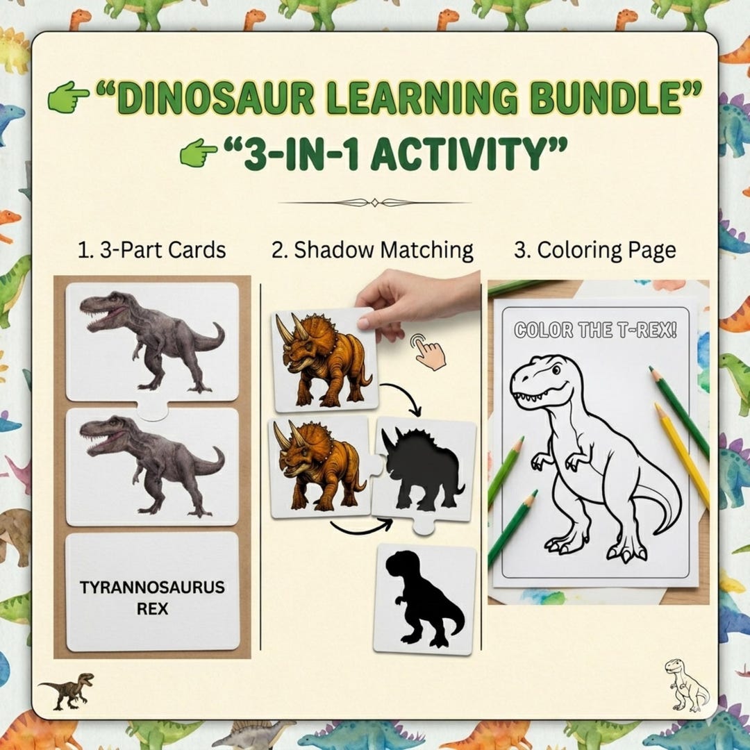 Dinosaur Flashcards Montessori Printable | 3 Part Cards + Shadow ...