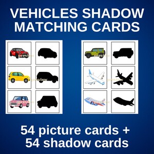 Cartões de correspondência de sombras de veículos / Atividade de transporte para impressão para pré-escola e ensino doméstico / Imprimível para pré-escola / Jogo para impressão