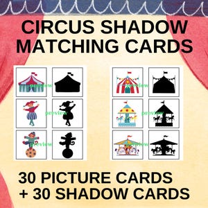 Cartões de combinação de sombras de circo / Diversão para impressão pré-escolar / Imprimível Montessori / Jogo educativo para crianças / Tema de circo para crianças pequenas