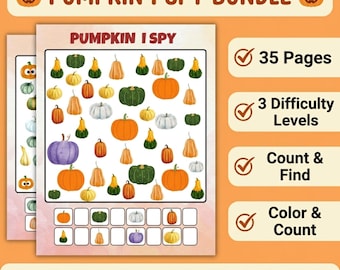 Pumpkin I Spy Printable Game Bundle | Fall Counting Activity| Autumn Preschool Worksheet| I Spy Coloring Pages | Kindergarten Math Printable