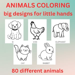 Large Animal Coloring Pages with Names/  for Kids Toddlers Preschoolers Kindergarten / 80 different animals /  Easy Coloring Pages