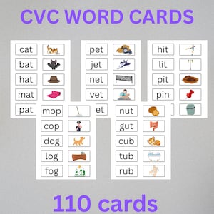 May include: Educational CVC word cards with illustrations. The cards feature words like "cat," "bat," and "hat," alongside corresponding images. The set includes 110 cards, perfect for early literacy.