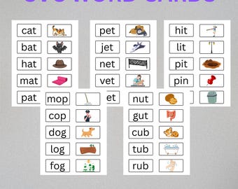 110 palabras CVC para leer, imprimibles / Tarjetas fonéticas Montessori / Actividad para jardín de infantes / Palabras CVC con objetos / Aprender a leer / Educación en casa