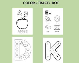 Fichas del alfabeto para niños / Páginas para colorear ABC / Letras con marcadores de puntos / Trazado del alfabeto / Aprendizaje preescolar / Educación en casa para niños pequeños