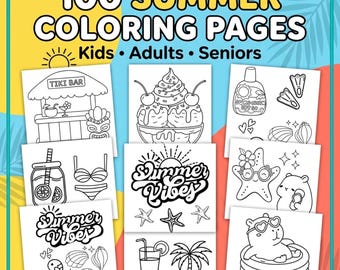 Summer Coloring Pages Bundle / 100 Cute Summer Coloring Sheets / Beach Vacation Coloring Book / Bold Easy Relaxing Coloring Pages PDF
