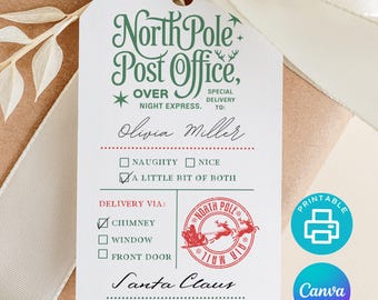 Vintage North Pole Santa Delivery Christmas Gift Tags, Printable Canva Template