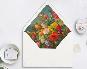 Vintage Fine Art stilleven schilderij envelop voering sjabloon, envelop voering, afdrukbare bruiloft, bruiloft, vintage beeldende kunst, levendige bloemen