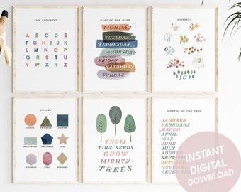 Kids Educational Wall Art Prints: Alphabet, Numbers, Days, Months (Digital Download)