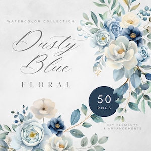 Dusty Blue DIY Blumen Aquarell Clipart Bundle, Blau, Aquarell Blumen, kommerzielle Nutzung, transparente PNG, Hochzeit Blumen, Kranz, Blumenstrauß
