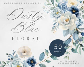Dusty Blue Watercolor Floral Clipart Bundle: DIY Wedding Graphics (PNG)