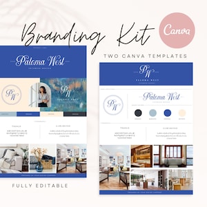 May include: Branding kit for interior design business Paloma West. Two Canva templates with logo, color palette, font, and mood board.