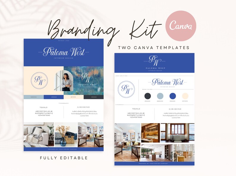 May include: Branding kit for interior design business Paloma West. Two Canva templates with logo, color palette, font, and mood board.