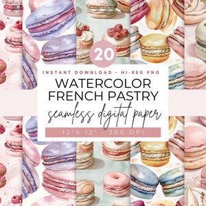 Aquarel Frans gebak afdrukbaar papier 20 naadloze macaron dessert digitale download ongewenste dagboek png collagevel bakkerij patroon pastel