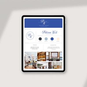 May include: A digital mockup of a brand identity design for Paloma West Interior Design. The design includes a logo, color palette, typography, and interior design inspiration images.