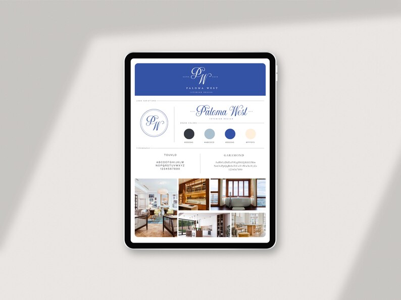 May include: A digital mockup of a brand identity design for Paloma West Interior Design. The design includes a logo, color palette, typography, and interior design inspiration images.