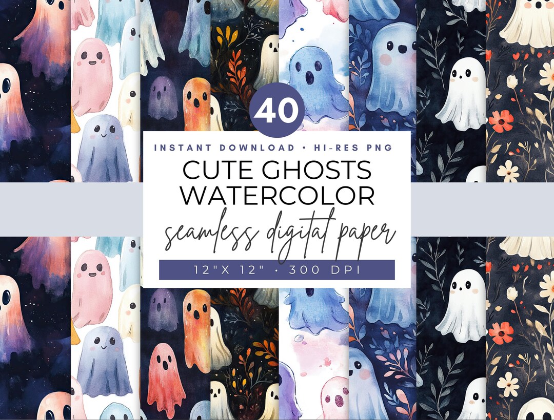 Watercolor Ghost Seamless Paper: Kawaii Halloween Patterns (digital ...