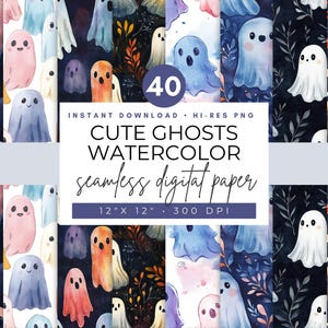 Watercolor Ghosts Seamless Printable Paper Digital Paper Halloween Mega Bundle Junk Journal PNG Collage Sheet Cute Kawaii Pattern Ghost