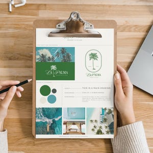 Puede incluir: Una gu&iacute;a de marca para un resort llamado La Palma. La gu&iacute;a incluye un logotipo, una paleta de colores y un tablero de estado de &aacute;nimo con im&aacute;genes de paisajes tropicales y una playa.